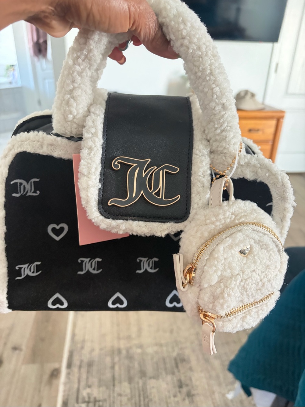 Black & White Shearling Accent Satchel -